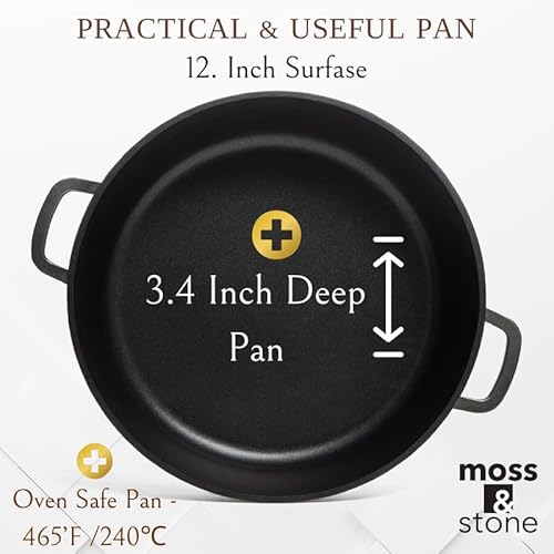 Moss & Stone 12 Inch Nonstick Large Skillet with Lid, 5 Quart Deep Saute Pan, Dishwasher & Oven Safe, Double Handled Frying Pan With Lid, PFOA Free Induction Compatible Cookware
