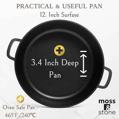 Moss & Stone 12 Inch Nonstick Large Skillet with Lid, 5 Quart Deep Saute Pan, Dishwasher & Oven Safe, Double Handled Frying Pan With Lid, PFOA Free Induction Compatible Cookware
