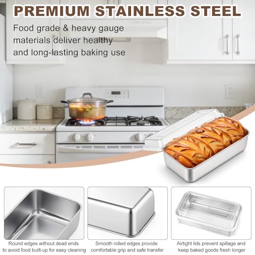 TeamFar Loaf Pans for Baking Bread, 9 x 5 Inch Stainless Steel Bread Loaf Pan with Lid, Meatloaf Pan Tin for Homemade Bread, Brownies, Meal Prep, Storage, Healthy & Dishwasher Safe - Set of 2