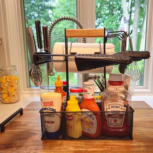 Geesta Grill Caddy for Outdoor Grill, BBQ Picnic Camping Caddy with Paper Towel Holder & Magnetic Tool Holder, Condiment Storage Utensil Kitchen Organizer for RV Camper, Tailgate Accessories