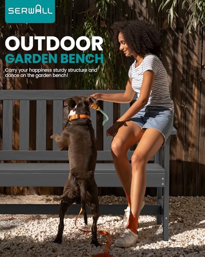SERWALL Outdoor Bench, HDPE Outdoor Benches Weatherproof, 2-Person Garden Bench with 660 lbs Weight Capacity, Patio Benches for Outdoors, Garden, Porch, Backyard and Park, Grey