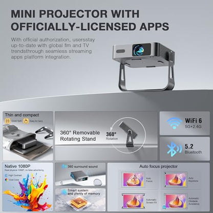 【Officially-Licensed APP & 1800ANSI】Smart Mini Projector with WiFi and Bluetooth, VISSPL Native 1080P Auto Focus & Keystone Portable Outdoor Projector, 4K Support Home Movie Projector Sliver