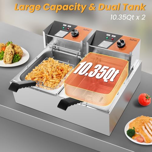 Commercial Deep Fryer 20.7Qt/20L Dual Tank Deep Fryers with Baskets 0.8mm Thickened Stainless Steel Electric Countertop Fryer with Adjustable Temperature, 1700w x2, 110v