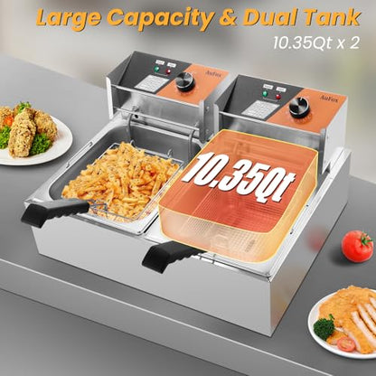Commercial Deep Fryer 20.7Qt/20L Dual Tank Deep Fryers with Baskets 0.8mm Thickened Stainless Steel Electric Countertop Fryer with Adjustable Temperature, 1700w x2, 110v