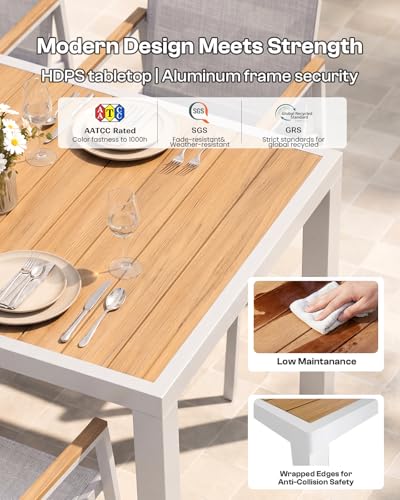 Oasbira Outdoor Dining Set for 10, Aluminum Patio Table and Chairs Set, 12-Piece All Weather Patio Dining Furniture Set with Umbrella Hole for Backyard, Deck, Poolside (White-Teak)