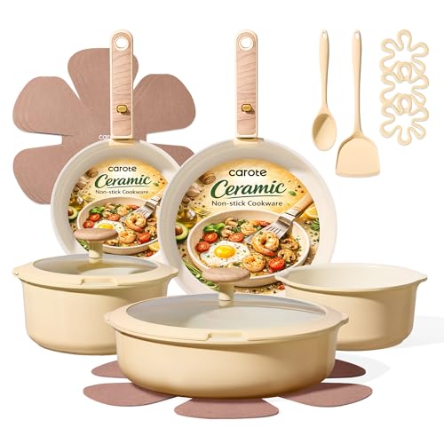 CAROTE 18 Pcs Ceramic Cookware Set Detachable Handle, Non Toxic Pots and Pans Set Non Stick, Induction Kitchen Cookware Removable Handles, Oven Safe, Stackable RV/Camping Cooking Set, Yellow