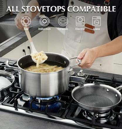 KOCH SYSTEME CS Triply Stainless Steel Pot 6 Quart, Nonstick Hybrid 18/10 Stainless Steel Stock Pot with Lid, Nonstick Cooking Pots with Honeycomb Interior, Compatible with All Cooktops, Oven Safe