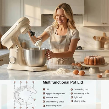 10 Speeds Stand Mixer With Bowl 6.5QT Stainless Steel, Electric Kitchen Stand Up Mixer for Baking Cakes Cookie Bread Salad Food with Egg Whisk, Dough Hook, Flat Beater - Portable Baking Mixers White