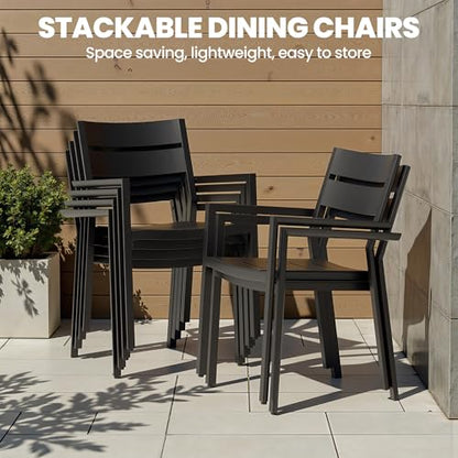 PATIOHIT 9-Piece Aluminum Outdoor Dining Set, 82" Large Rectangular Patio Table & 8 Stackable Armchairs Rust Proof Outdoor Furniture with Umbrella Hole for Lawn Garden Deck, Black
