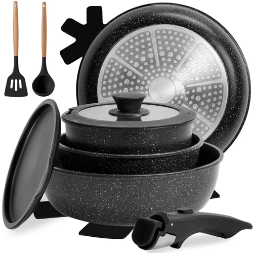 Numola 10 pcs Pots and Pan Set Non Stick with Detachable Handle, Ceramic Cookware Set for Stackable, Induction Kitchen Cookware Set for RV, Dishwasher ＆ Oven Safe, Black