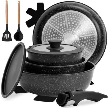 Numola 10 pcs Pots and Pan Set Non Stick with Detachable Handle, Ceramic Cookware Set for Stackable, Induction Kitchen Cookware Set for RV, Dishwasher ＆ Oven Safe, Black