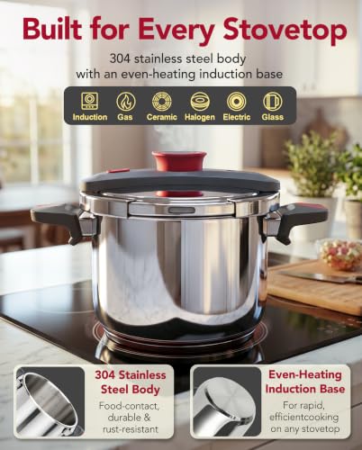 MICHELANGELO Stovetop Pressure Cooker Stainless Steel, 4.2 qt, 304 Stainless Steel, 6-Fold Safety System, One-Hand Easy-Open Lid, 2 Pressure Settings, Steamer Basket & Glass Lid, Induction Compatible