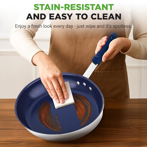 NutriChef 12" Fry Pan With Lid - Large Skillet Nonstick Frying Pan with Silicone Handle, Ceramic Coating, Blue Silicone Handle, Stain-Resistant, Easy To Clean, Professional Home Cookware