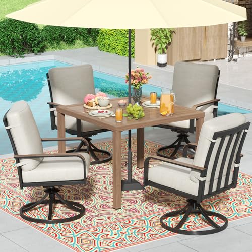 NATURAL EXPRESSIONS 5 Piece Outdoor Patio Dining Sets, 4pcs Swivel Dining Chairs & Square Woodgrain Dining Table with 1.65”Umbrella Hole for Lawn, Garden, Deck, Backyard and Porch