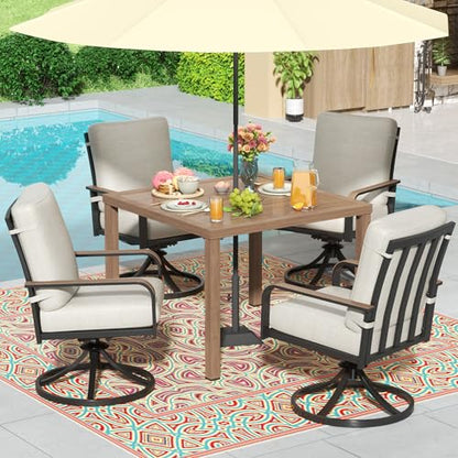NATURAL EXPRESSIONS 5 Piece Outdoor Patio Dining Sets, 4pcs Swivel Dining Chairs & Square Woodgrain Dining Table with 1.65”Umbrella Hole for Lawn, Garden, Deck, Backyard and Porch