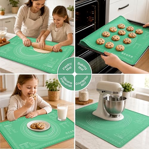 Extra Large Food Grade Platinum Silicone Pastry Mat 28 x 20, Non-Slip Non-Stick Baking Mat for Rolling Dough with 5mm Raised Edge, Measurements & Baking Guide for Bread, Pizza, Pie & Sourdough