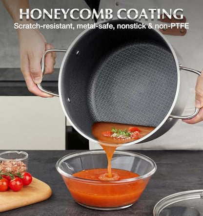 KOCH SYSTEME CS Triply Stainless Steel Pot 6 Quart, Nonstick Hybrid 18/10 Stainless Steel Stock Pot with Lid, Nonstick Cooking Pots with Honeycomb Interior, Compatible with All Cooktops, Oven Safe