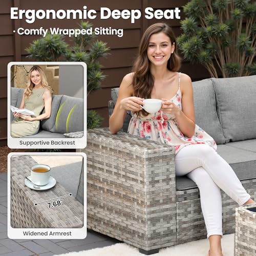 ovios 15 Pieces Patio Furniture Set, Outdoor Wicker Sectional Sofa Couch with Swivel Chairs Coffee Table, Modern Modular Deep Seat Rattan Conversation Sets, Dark Grey