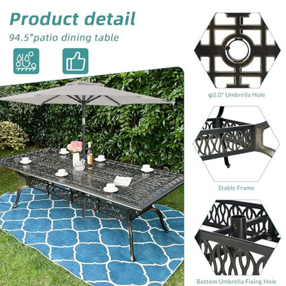 MEETWARM 9-Piece Outdoor Patio Dining Set for 8, All Weather Cast Aluminum Patio Funiture Table and Chairs Set- 94.5” Rectangular Table and 8 Cushioned Swivel Rocker Chairs, Umbrella Hole, Chili Red
