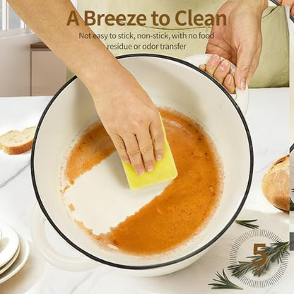 Blingco Enameled Cast Iron Dutch Oven with Lid -6.5 QT, incl. Sourdough Bread-Baking Supplies like Banneton Proofing Basket, Heavy Duty Cookware Bread-Oven for Baking, Stews, and Roasting, Cream White