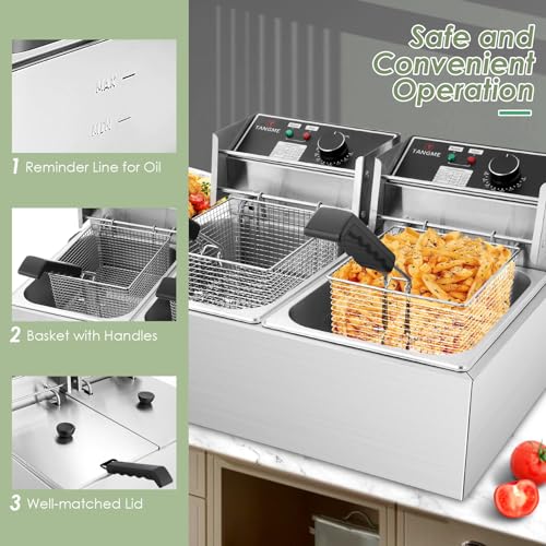 Commercial Deep Fryer, 3400W Electric Deep Fryers with 2x6.35QT Baskets Thickened Stainless Steel Countertop Oil Fryer 20.7QT Large Capacity with Lids Temperature Controller (12L)