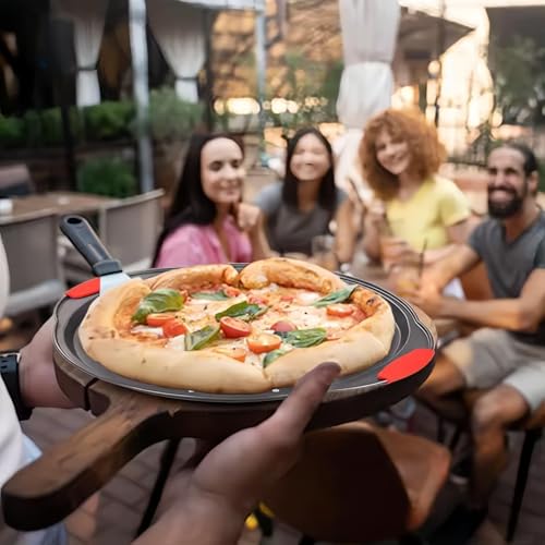 ZOEHROWS 13 Inch Pizza Pan for Oven (2 Pack) Round Pizza Pan with Holes - Non-Stick Carbon Steel Pizza Tray with Silicone Handles - for Cooking, Baking, and Grilling - Dishwasher Safe