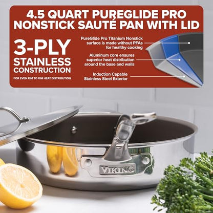 Viking PureGlide Pro 3-Ply Nonstick Sauté Pan with Lid, Made without PFAS, 4.5-Quart Induction Deep Frying Pan with Helper Handle, Metal Utensil Safe Titanium Nonstick Surface, Oven Safe to 600F