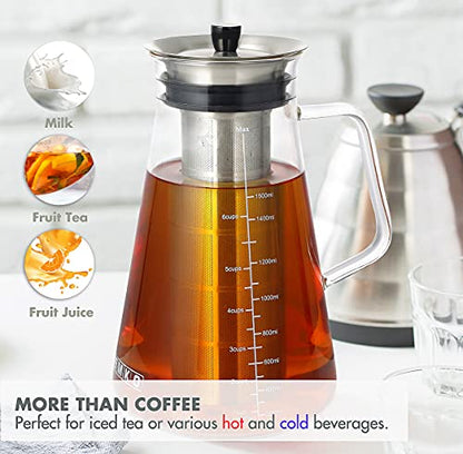 Aquach Airtight Cold Brew Coffee (Iced Tea) Maker 51oz/1.5L, BPA-Free, Durable Borosilicate Glass Pitcher and Stainless Steel Fine-Mesh Filter, Dishwasher Safe, Spill-proof, 6 Cups Capacity