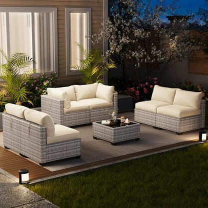 LOUVIXA 7 Piece Outdoor Patio Furniture Set, Outdoor Sectional Sofa, Wicker Rattan Patio Furniture, Patio Conversation Set with Coffee Table & Cushions