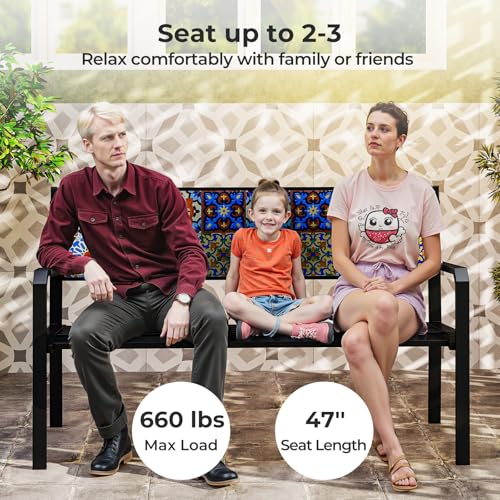 Tangkula 50" Metal Patio Park Bench, Modern Outdoor Classic Slatted Loveseat for 2-3 People with Curved Seat & Mosaic Backrest, Heavy-Duty Outdoor Seating for Backyard, Poolside, Porch