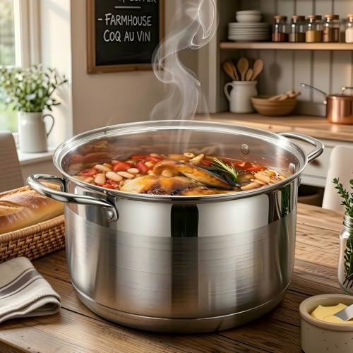 LEUGWAKN 10 Quart Stock Pot with Glass Lid, Premium Food-Grade Stainless Steel Soup Pot, Large Pot for Cooking Stew, Chili & Canning, Induction Compatible Cookware, Dishwasher & Oven Safe