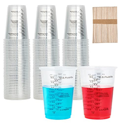 100 PACK Plastic Measuring Cups, 10 oz Disposable Mixing Cups with 100 Wooden Mixing Sticks, Can Be Used for Epoxy Resin, Liquid Measuring, Paint, Cooking and Baking