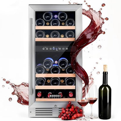 BODEGA 15 Inch Wine Fridge, 30 Bottle Dual Zone Wine Cooler, 41-72℉ Compressor Wine Refrigerator with Tempered Glass Door, Built-in or Freestanding Wine Cooler for Home Kitchen Bar (3.2 cu.ft).