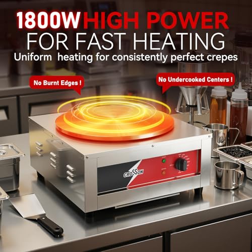 CROSSON Commercial Electric Crepe Maker, 16-Inch Large Cooking Plate 1800W ETL Certified, Stainless Steel Pancake Griddle with Accessories Storage & Metal Spatula/Spreader