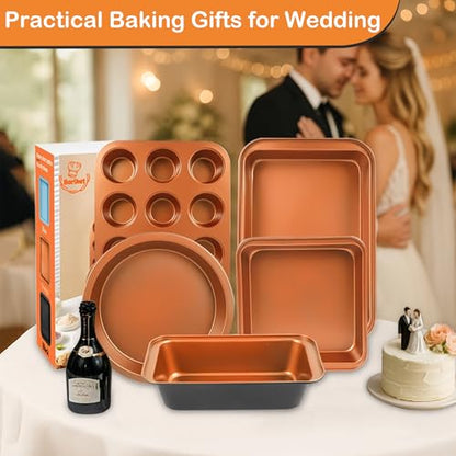 Barlket Baking Pans Set 6-Pieces, Non Stick Bakeware Set Stackable, with Cookie Sheet, Muffin, Round/Square Cake Pan, Loaf Pan, Rack, Oven Mitt for Home Baker, Gold