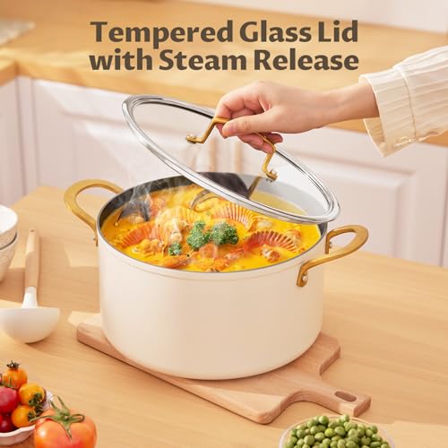 BEZIA 6 Quart Stock Pot with Lid, Ceramic Nonstick Cooking Pot, Soup Pot with Stainless Steel Handle, Tempered Glass Lid, Induction Compatible for Pasta, Soup, Spaghetti, Dishwasher Safe, Cream