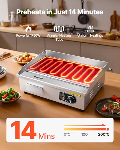 VEVOR Commercial Electric Griddle, 1750W, 122-570°F Adjustable Temp Control, Stainless Steel Countertop Flat Top Grill with 2 Spatulas, 2 Brushes and 4 Foot Pads, for Steak, Pancake