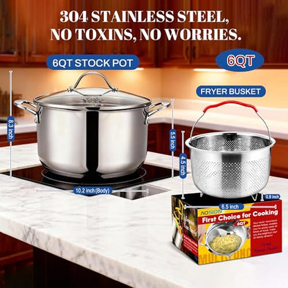 AOSION 6 Quart Stainless Steel Stock Pot with Strainer Lid & Deep Fryer Basket, Large Multipurpose Cookware for Spaghetti, Soup, Stew & Deep Frying, Compatible with All Stovetops & Oven Safe.