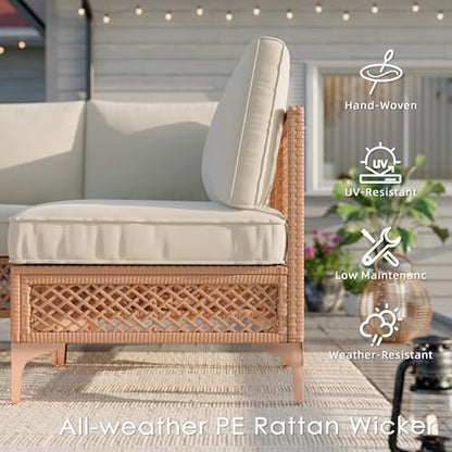 Vikiullf Patio Conversation Set, 5 Piece Outdoor Sectional Sofa Set with Coffee Table, Wicker Bistro Set with Thick Cushions, for Garden, Backyard, Poolside (Beige)