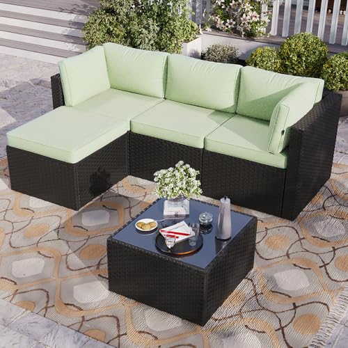 Aoxun Patio Furniture Set 5-Piece, Outdoor Sectional Sofas with Washable Cushion, Wicker Rattan Patio Conversation Sets for Backyard Porch and Poolside, Mint Green