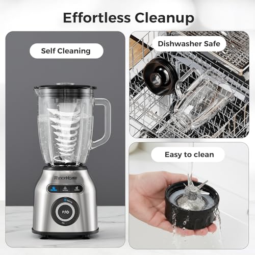 REXYHOME Blender with 3 Programs, 1000W Heavy-Duty Countertop Blenders for Kitchen, 59 Oz Glass Jar, Auto Clean 8-Speeds & Pulse Function Blender for Smoothies, Shakes, Ice Crushing & Frozen Fruit