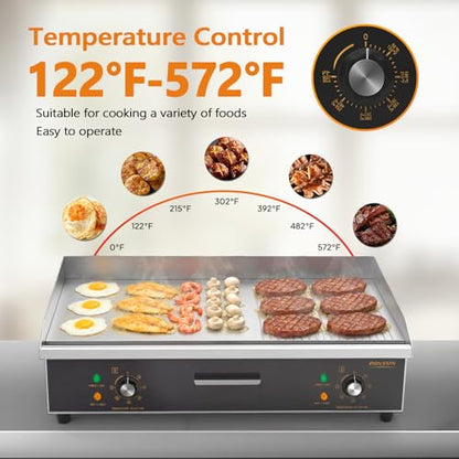 ROVSUN 30" Electric Griddle, Electric Countertop with Half Flat Top Griddle, 3000W Grill Stainless Steel with Adjustable Temperature Control 122°F-572°F for Commercial Home Restaurant, Plug