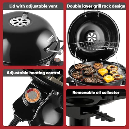 Electric Grill, CUSIMAX Electric Indoor/Outdoor Grill, 1600W Portable BBQ with Lid for Indoor & Outdoor Use, Adjustable Heat, Removable Stand Grill for Cookouts, BBQ Gatherings, Small Spaces