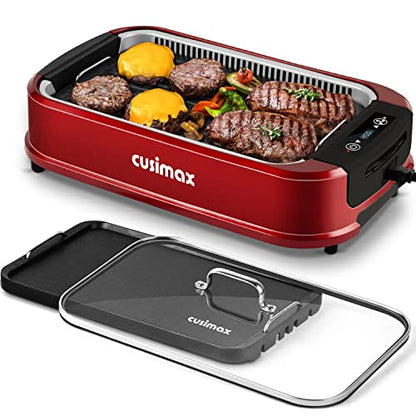 Indoor Grill, CUSIMAX Smokeless Grill Indoor, Electric Griddle, 1500W, Red