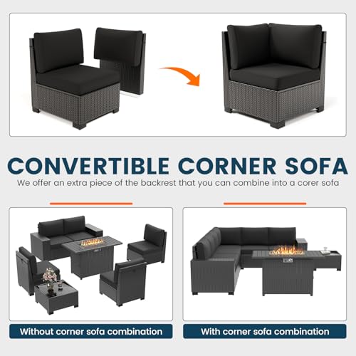 VONZOY 7 Piece Patio Furniture Set with Fire Pit Table, Outdoor Sectional Conversation Sets Black Wicker Rattan Sofa with Coffee Table for Patio Garden Backyard, 4'' Thickened Cushion Black