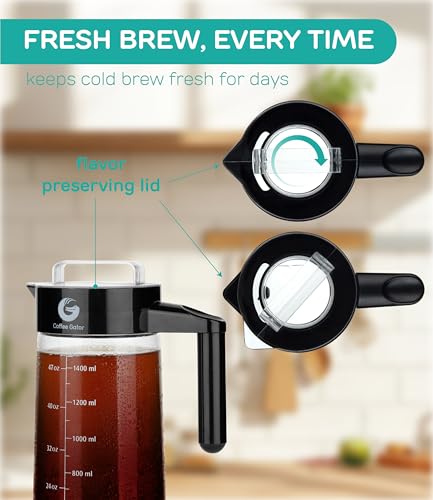 Coffee Gator Cold Brew Coffee Maker - 47 oz Iced Tea and Iced Coffee Maker and Pitcher with Borosilicate Glass Carafe, Filter - Black