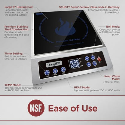 ChangBERT Induction Cooktop NSF Certified Professional Chef Edition Stove, 1800W Commercial Induction Burner with Schott Glass, Large Heating Coil Electric Hot Plate for Restaurant Hotel Food Station