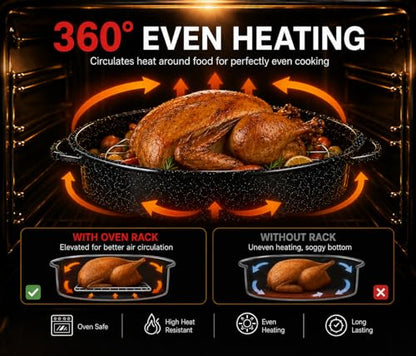 bajindan 16 Inch Enamel Roasting Pan with Lid & Rack, Oven & Dishwasher Safe Turkey Roaster, 932°F Heat Resistant, Includes Silicone Handles & Cleaning Sponges