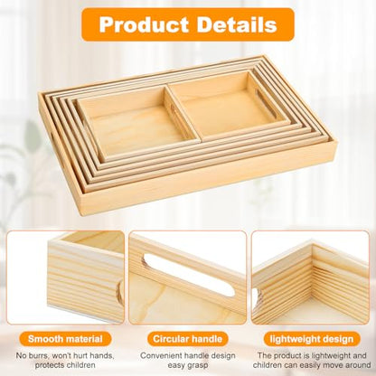 PONGJA Wooden Serving Trays with Handle - 7 Pieces Unfinished Wood Nested Breakfast Food Serving Trays for Craft Kids Montessori Snacks Home Decor Kitchen Party Dinner