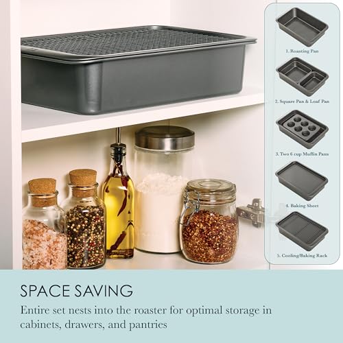 Chicago Metallic 7-Piece Nesting Bakeware Set - Carbon Steel Nonstick Baking Sheet, Loaf Pan, Muffin Pan, Cake Pan, Roaster and Cooling Rack - Space-Saving Kitchen Essentials